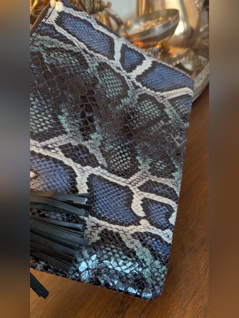 Post Snake SkinZip Clutch in Teal and Black - Picture 4 of 7